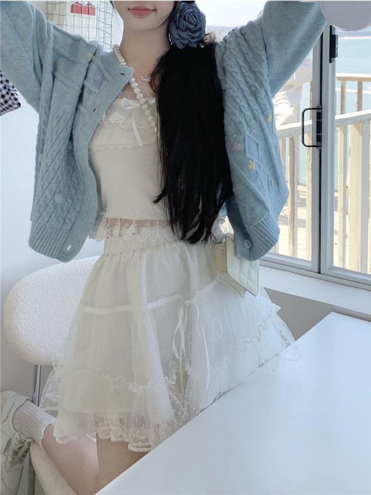 Sweet Vintage Princess High Waist Skirt Women Spring New White Floral Cake Clothing Female Fairy Cute Lace Pure Color Skirt 2024