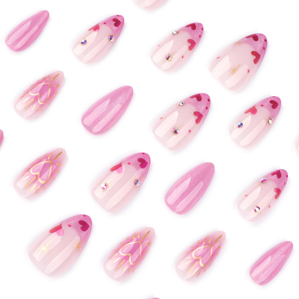 24PCS Glossy Pink Fake Nails with Cat Eyes Sweet & Charming Reusable False Nails for Stage Performance Wear
