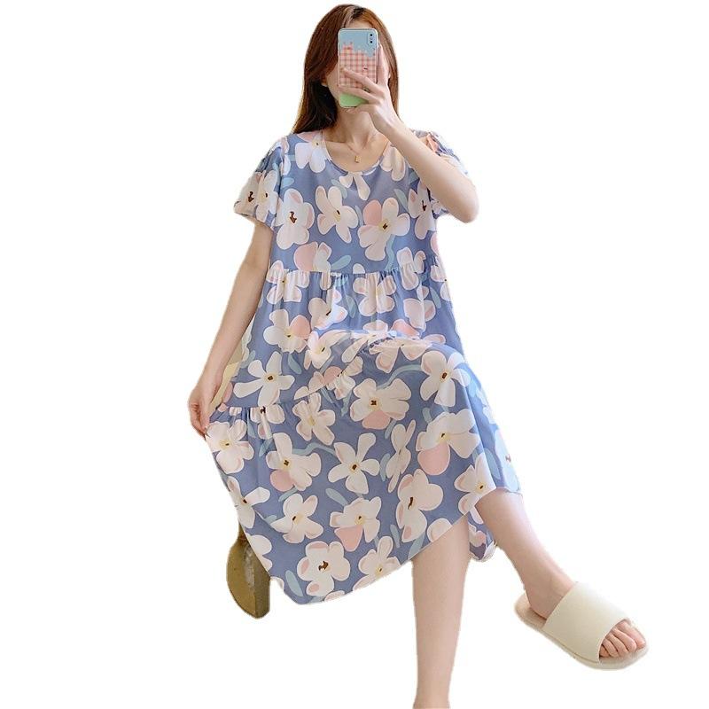 Cotton and silk nightgown women's summer thin short-sleeved cartoon printed pajamas can be worn outside long large size loose knee pajamas