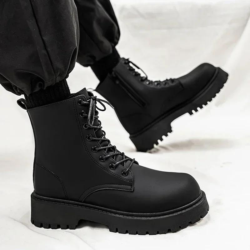 Mens High-top Boots High Quality Leather Casual Boots British Style Lace Up Ankle Boots Non Slip Platform Boot Botas Para Hombre