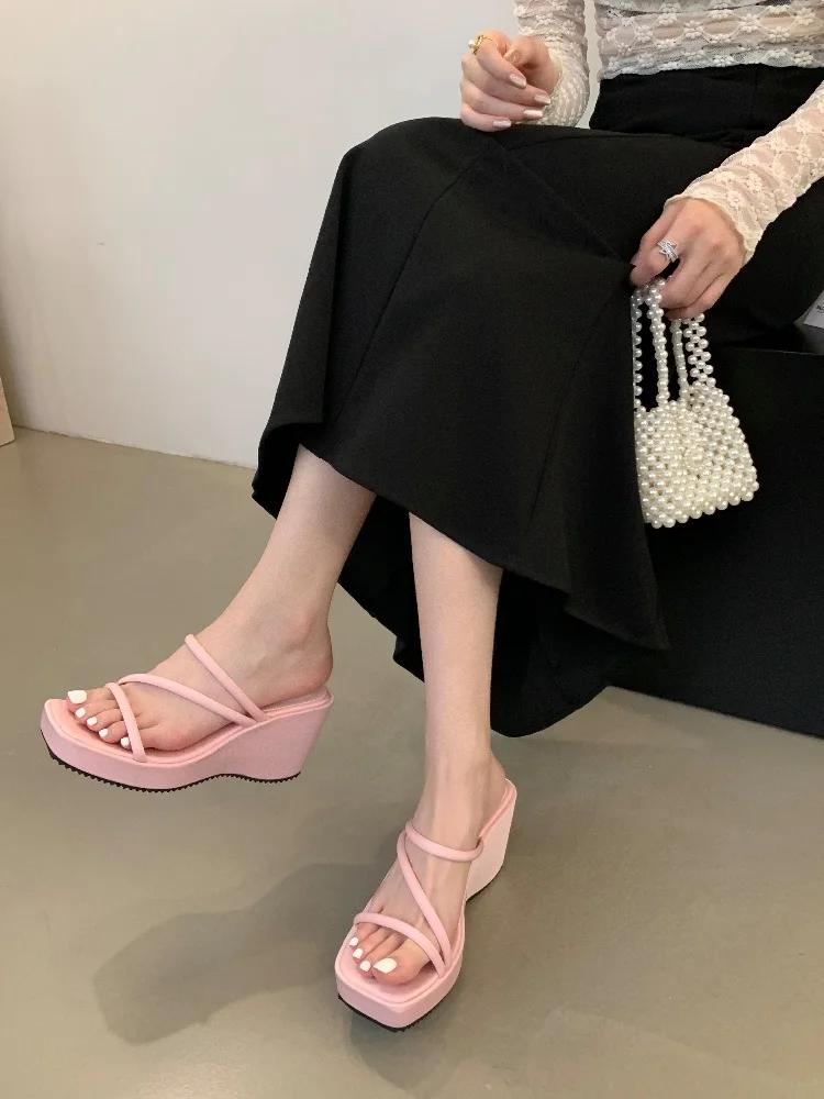 Fashion Eilyken Street Style Design Narrow Band Square Toe Platform Wedge High Heels Woman Slippers Fashion Slide Shoes
