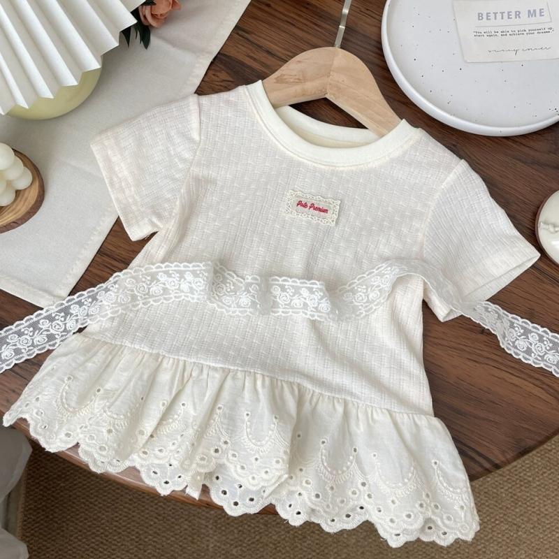 

Summer Kids Girls Tees Cotton T-shirt Thin Lace Hem Infant Babys Girls Undershirts Loose Round Collar Children Girl Short Sleeves 90 бежевый