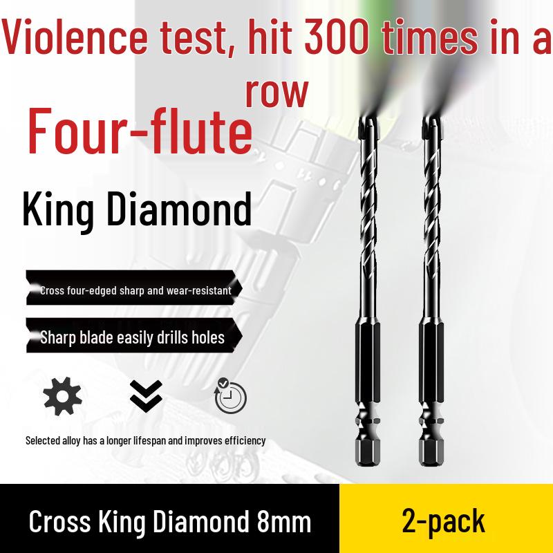 Impact Hex Shank Four-Blade Cross King Drill Bit for Concrete, Tile, and Glass