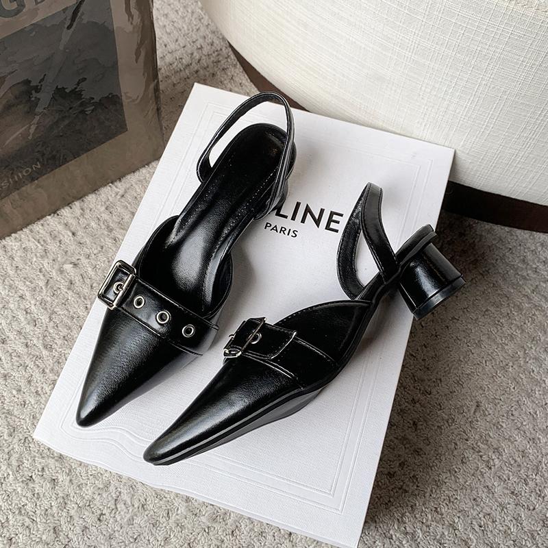 Circle Low Heel Sandals Women Shoes Solid Color Pointed Toe Small Fragrant Style Ladies Back Style Single Shoes Shoes for Women