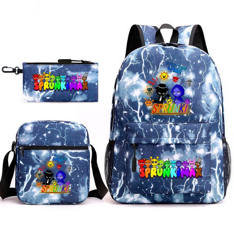 New Rhythm Box Student School Bag Three-piece Set, Casual Sprunki Backpack Crossbody Bag Pencil Bag
