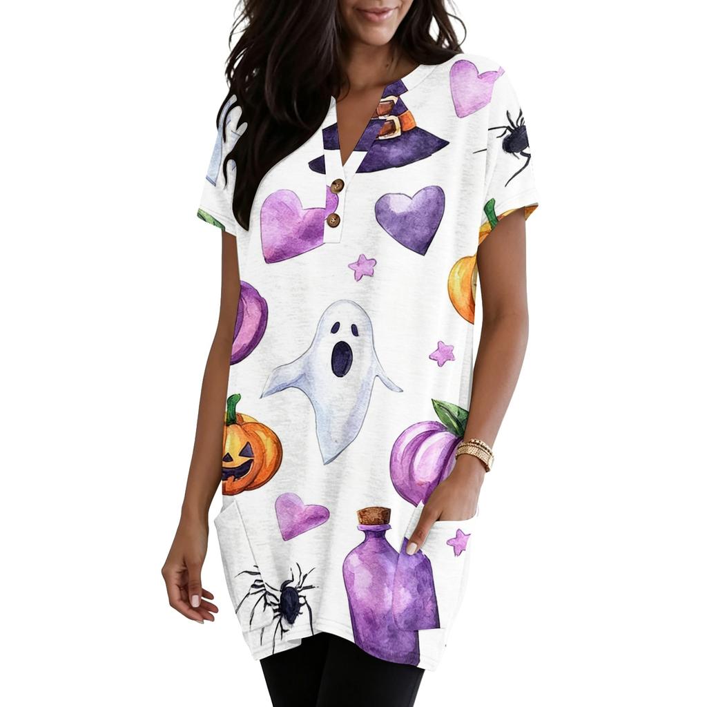 Women V Neck Pullover Top with Halloween Themed Print Short Sleeve Tunic Shirt Casual Loose Fit with Pocket Design