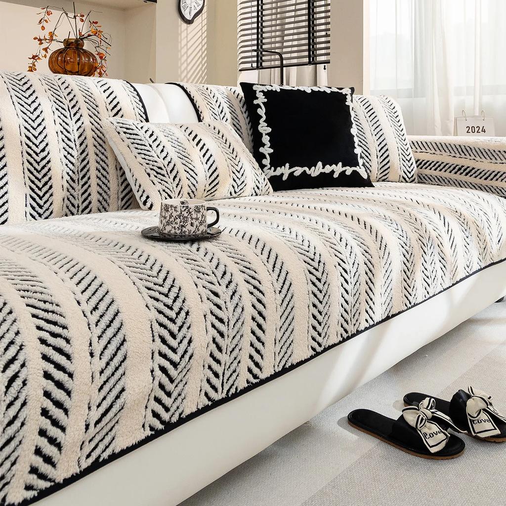 Cotton Velvet Sofa Cover Living Room Thickened Plush Sofa Cushion Winter Non-slip Warm Soft Cushion Winter Sofa Protection Cover