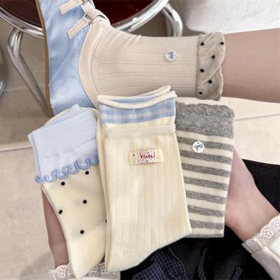 Chaussettes sans baleines style ballet avec franges Color-blocking, Chaussettes mi-mollet bouclette rayées Color-blocking avec bouton nœud