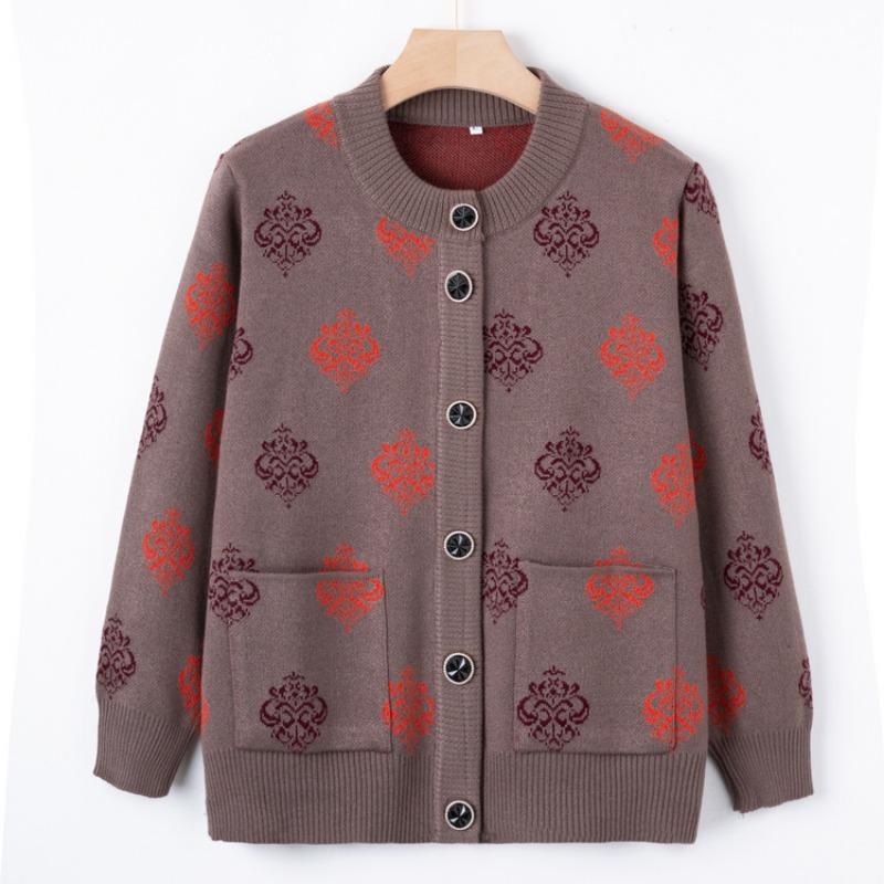 Early autumn grandma sweater cardigan middle elderly knitted autumn coat crew neck top mother mother-in-law clothes