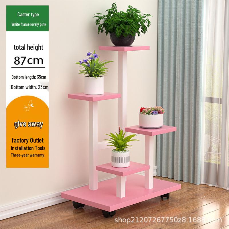 Multi-Layer Wrought Iron Flower Stand with Wheels: Movable Floor-Standing Rack for Living Room or Balcony