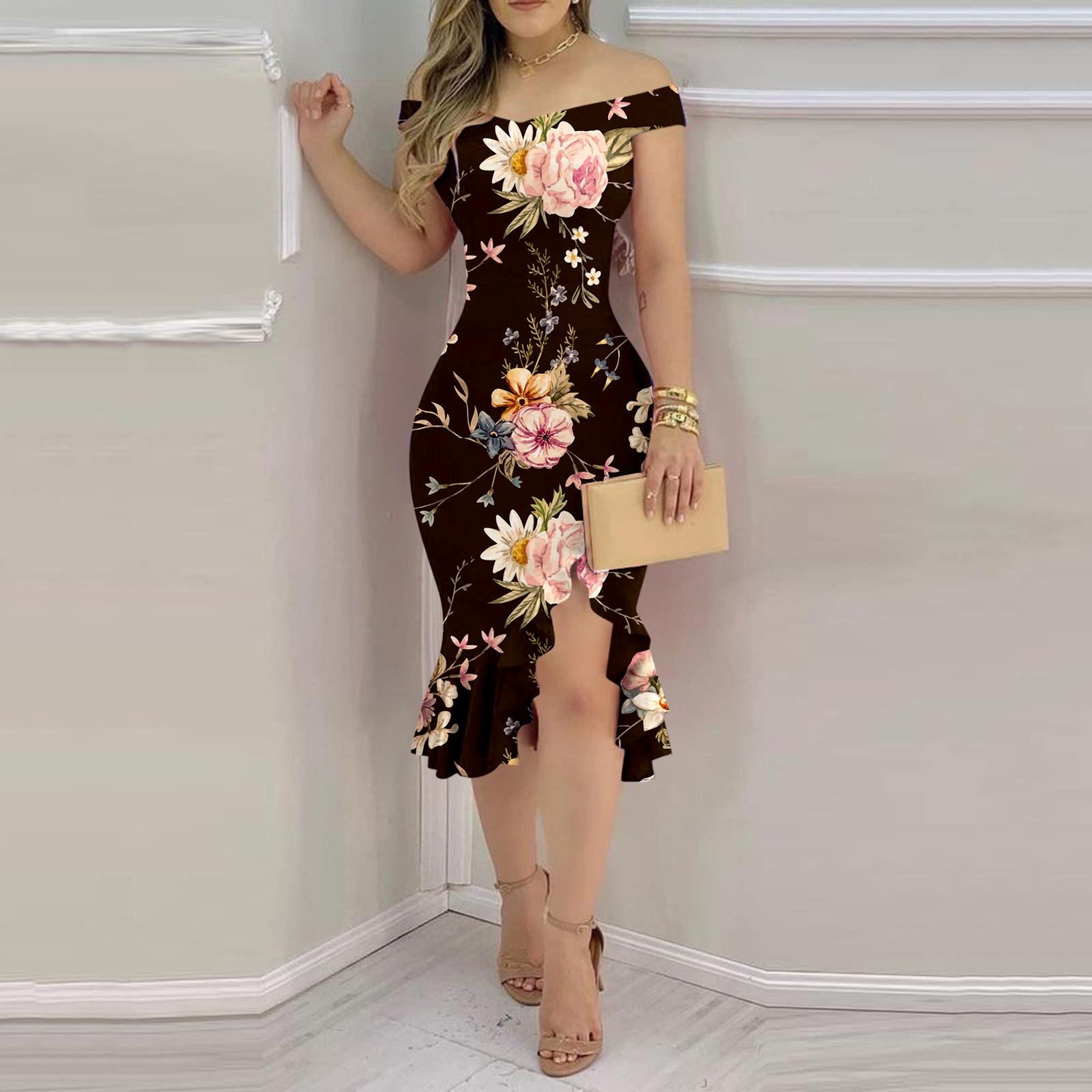 

Женские повседневные платья для вечеринок с цветочным принтом, нерегулярный подол на одно плечо, сексуальное платье русалки с открытой спиной L чёрный