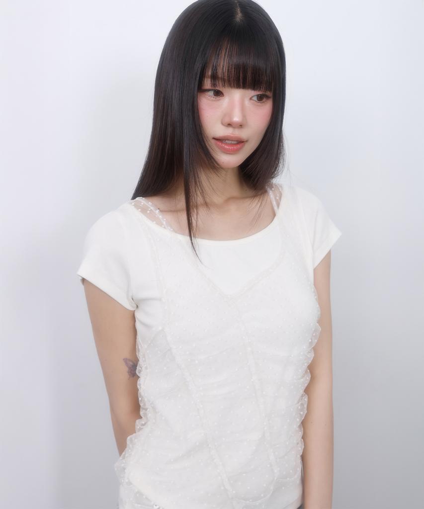 LMR Two-Way Lace Shirred Layered Short Sleeve T-Shirt Cream / Cream