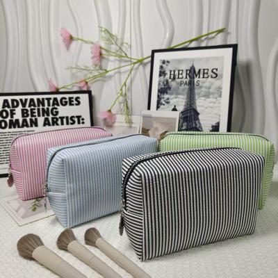 Seersucker Striped Makeup Bag: Large Capacity, Convenient Travel Storage