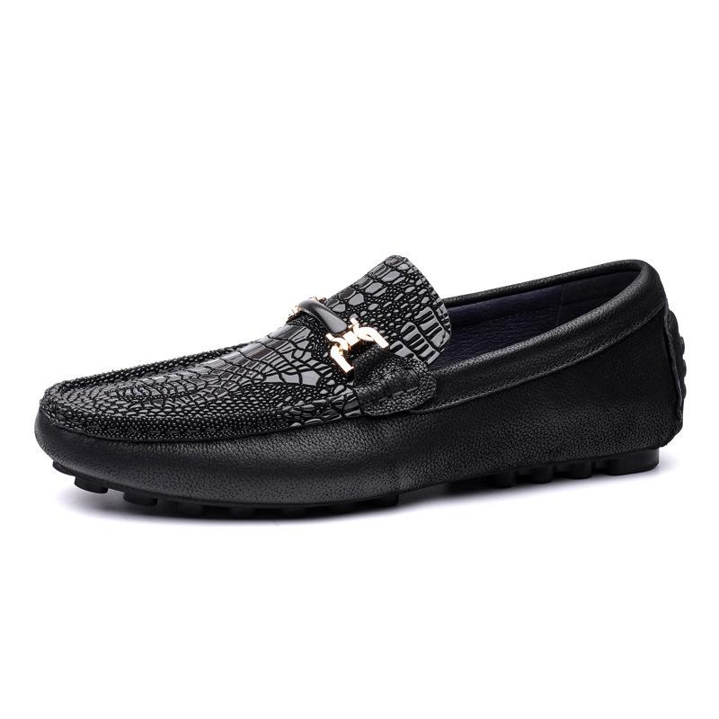 Men's Large Slip-On Leather Loafers: Crocodile Pattern Flat Sole Casual Driving Shoes