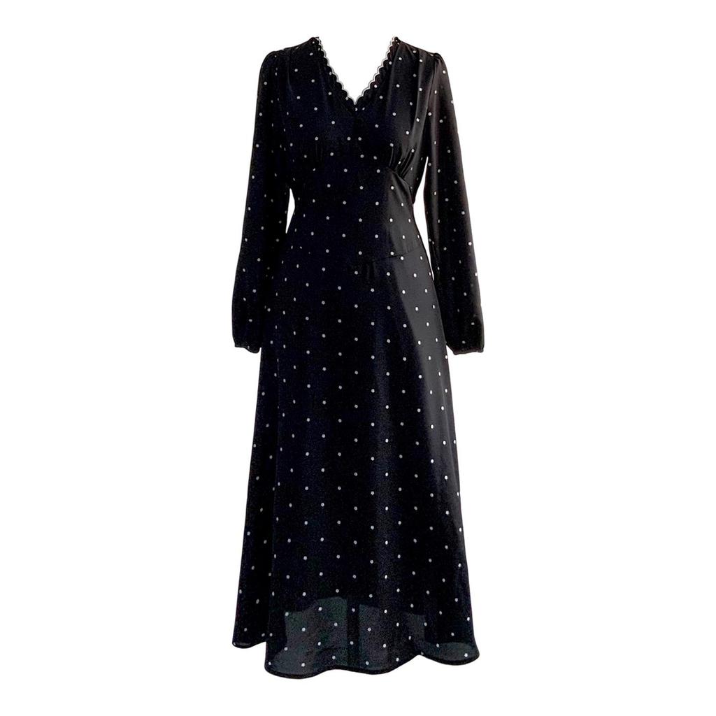 French black v-neck polka dot long-sleeved dress, early autumn new great-looking temperament waist dress