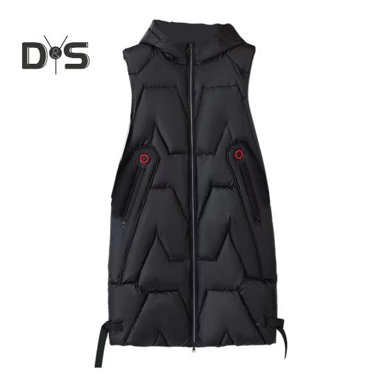 Women Winter Waistcoat Hooded Thick Sleeveless Glossy Surface Padded with Pockets Zipper Closure Mid Length Outdoor Coat