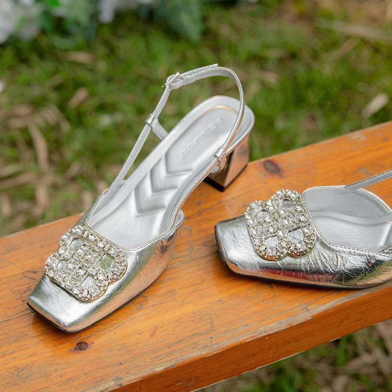 

Туфли-босоножки на среднем каблуке с квадратной пряжкой-бриллиантом в стиле фэн-шуй, женские, летние, с квадратным носком, открытые, юбка 40 серебряный