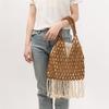 NEU Damen Gewebt Quasten Design Ausgeschnitten Holzperlen Tragetasche Eimer Schultertasche Damen Netzartiges Netzgewebe Strand Handtasche