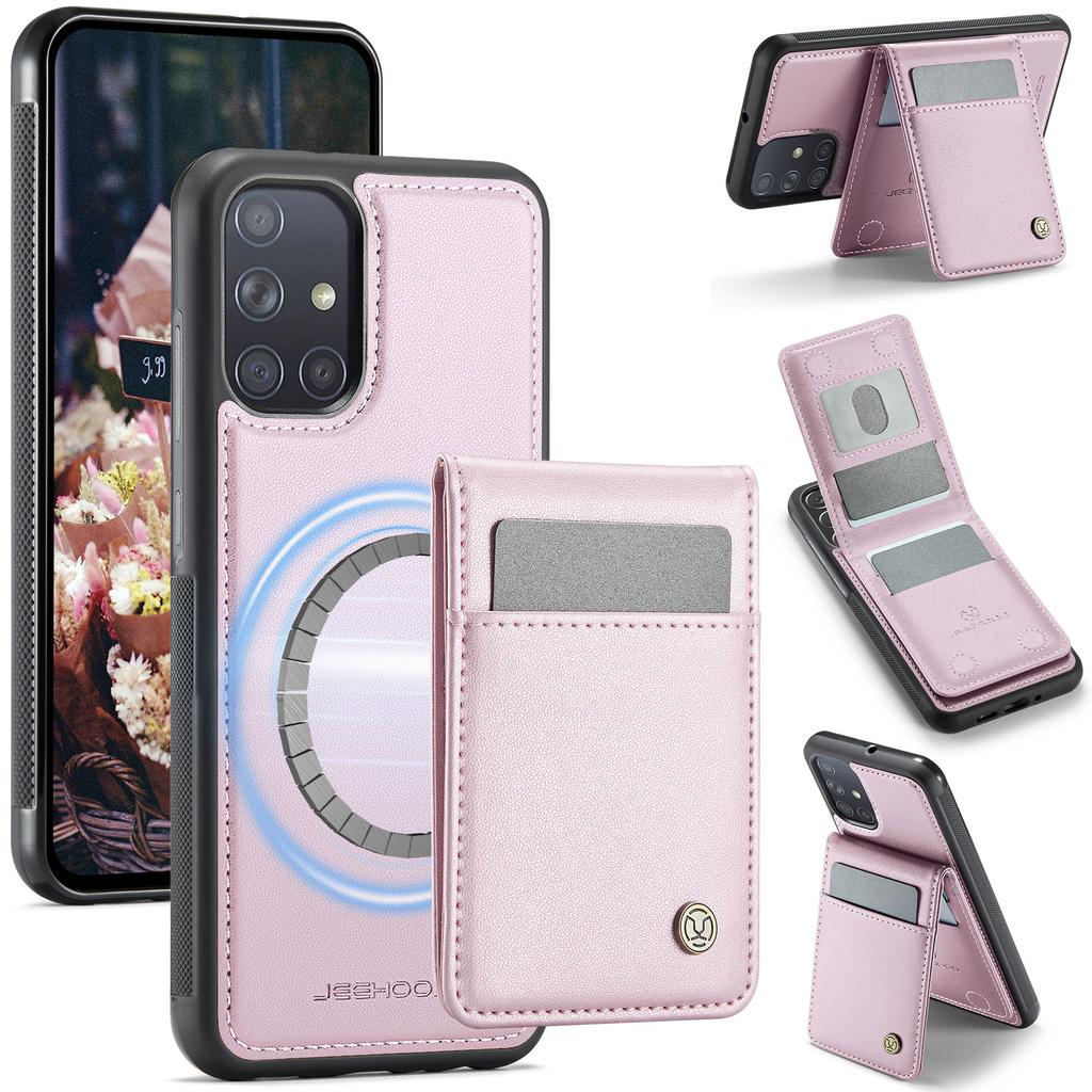 For Samsung Galaxy A51 4G SM-A515 Leather Back Cover Compatible with MagSafe JEEHOOD J06 Phone Case with Card Bag RFID Blocking