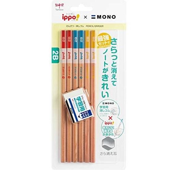 Tombow Pencil Ippo Cleanly Erasable Writing 2B 6 pieces + Mono Learning Eraser Natural PPB-711C