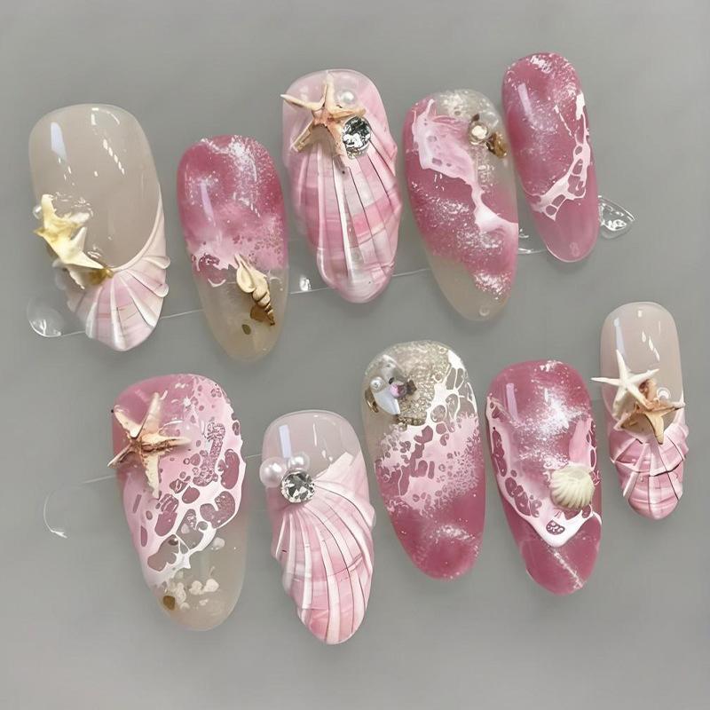 24 STKS Cartoon 3D Octopus Zeester Ontwerp Amandel Press-on Nagels Zomer Zeester Blauw Franse Nep Nagels voor Vrouwen Draagbare Manicure