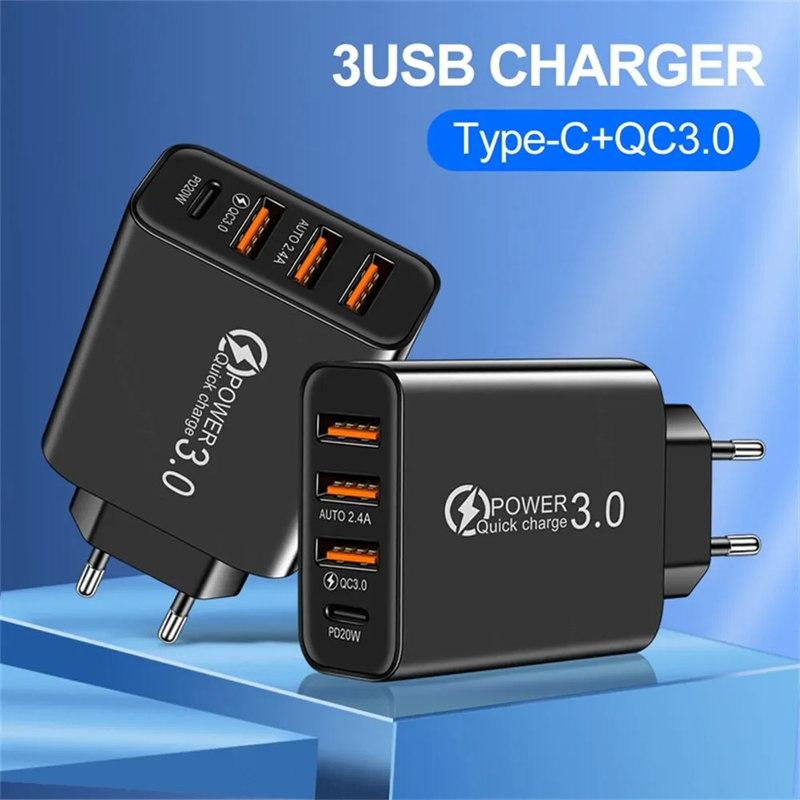 Typ C USB Schnellladegerät 4 Ports 3.0 PD Handy Power FAST Adapter für iPhone Samsung Xiaomi Schwarz