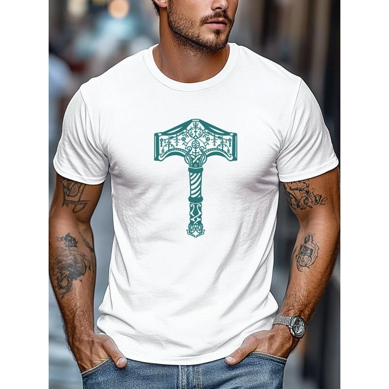 European Size Plus-size Men's T-shirt, Casual and Relaxed, Men's Nordic Mythology Thor's Hammer Pattern Summer Casual Crew Neck Short Sleeve T-shirt