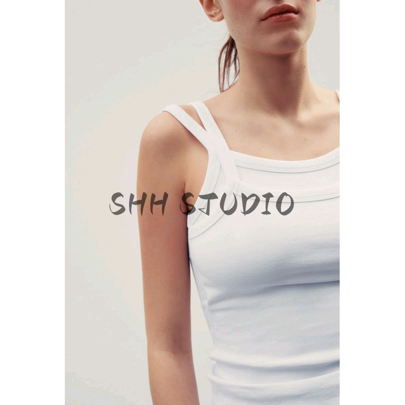 Spring and Summer New Women's Clothing Minimalist Easiest for Match Cotton Blended Sling Double-Layer round Neck Shoulder Strap T-shirt Tops 4174336