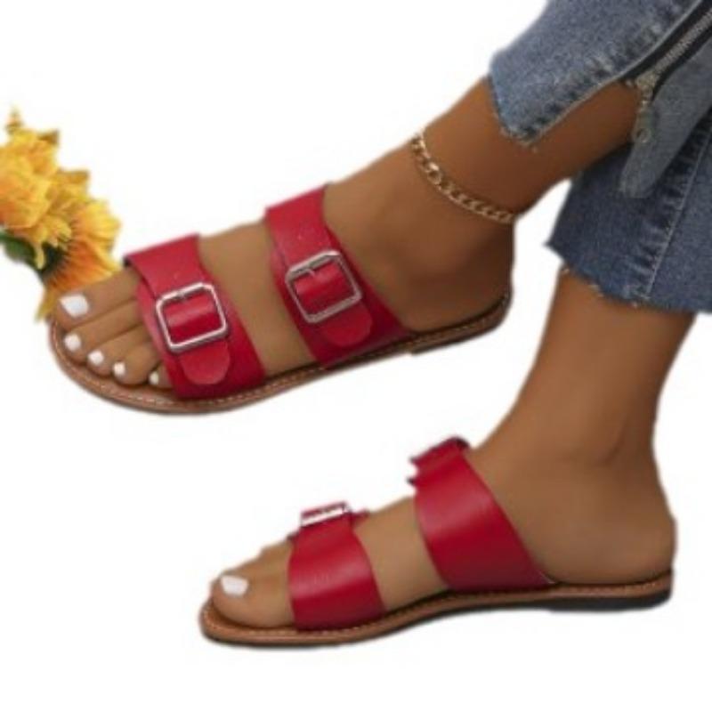 Open-toed Flat-bottomed Slippers Female Wish Large Size One-word Buckle Belt Outside Wearing Beach Cool Slippers Sandals