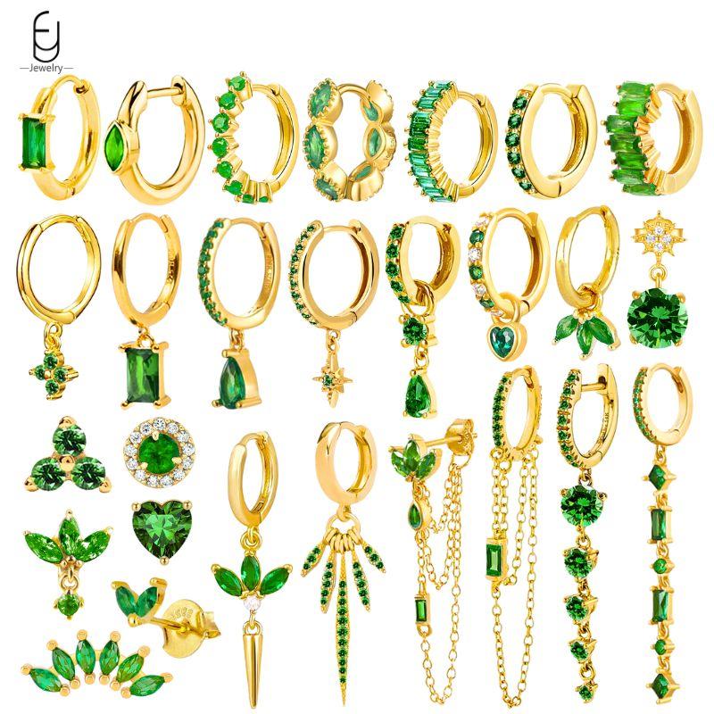 925 Silbernadel Grüne Zirkon Gold Ohrringe Herz Creolen für Damen Zarte Steckerohrringe Luxuriöser Schmuck Geschenke