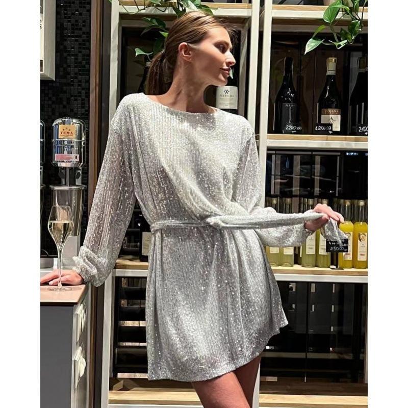 GMXIA Damen Rundhals Langarm Mode Sommer Frühling Einfarbige Druck Casual Kleider
