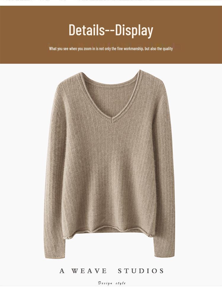 2024 Women's Autumn Winter V-Neck Pure Wool Ruffled Pullover Sweater, Slimming Jacquard Long Sleeve Knit Loose Base Layer.