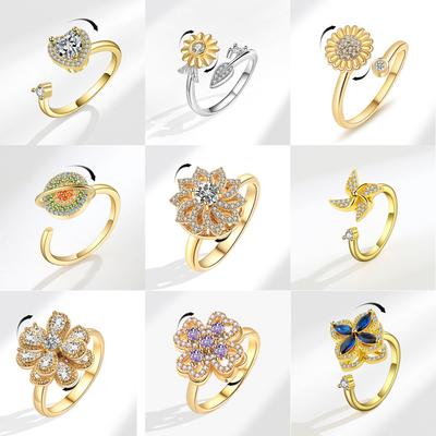 Offener Ring mit Zirkonia-Blume, Damen-Design, Nischenring, zweifarbig, Sonnenblume, doppelte Kamelie, personalisierbar, vielseitig verstellbar, Windmühlenring, Schmuck