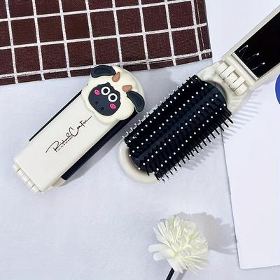 Portable Folding Hair Brush with Mirror Anti-static, Stretchable Mirror Mini Travel Size, Durable ABS Plastic Handle, Cute Bow Decorative Comb