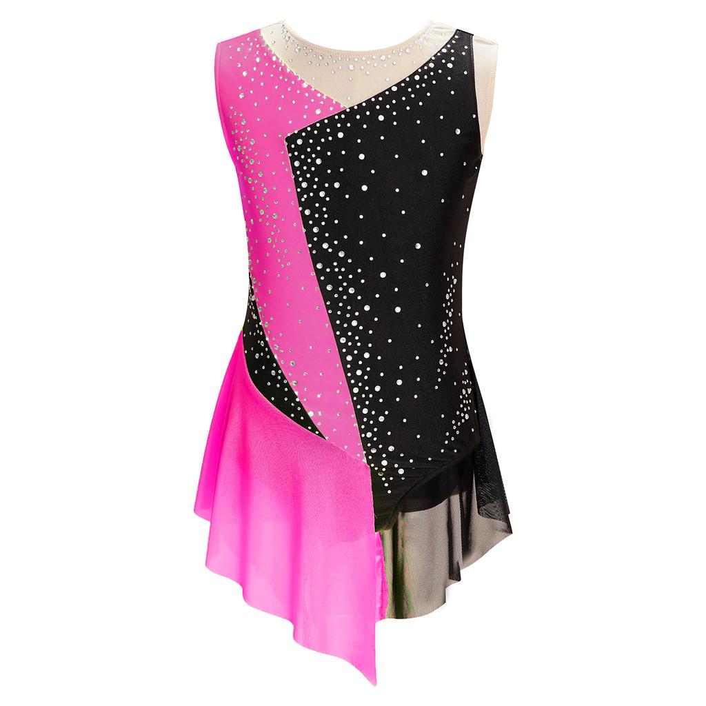 Girls Modern Lyrical Dance Dress High-Low Tulle Split Rhinestone Ballet Gymnastics Leotards Figure Skating Performance Costume