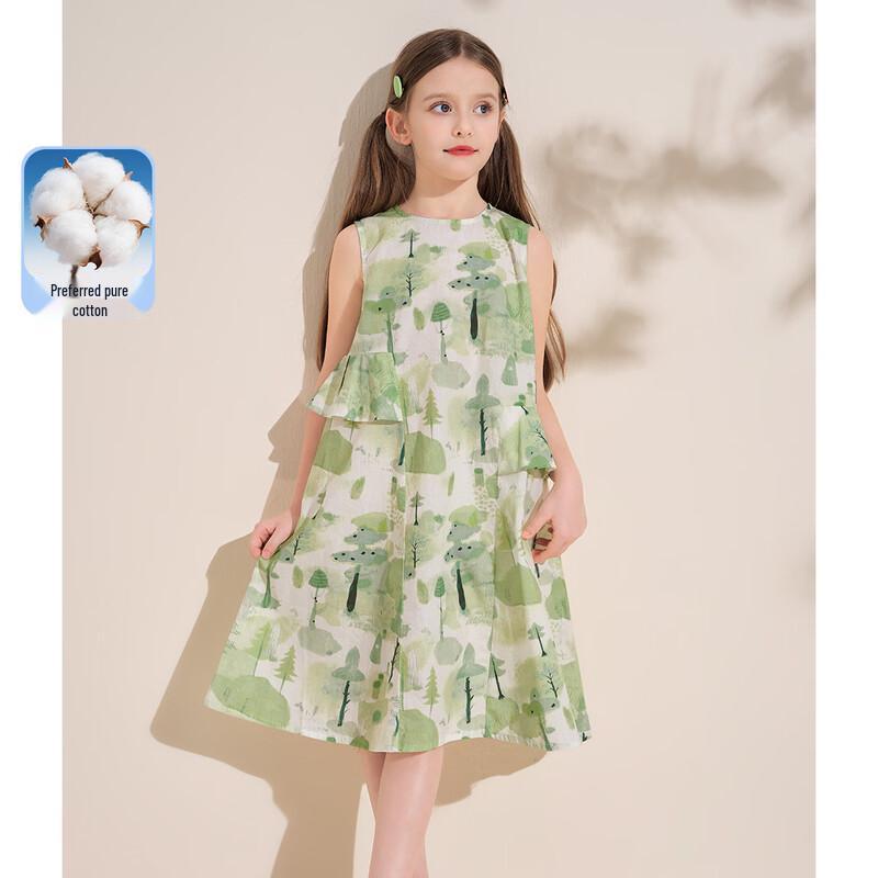 Mengtejiao Girls Summer Forest Green A-line Sleeveless Dress 140