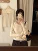 Korean Style White Mesh V-Neck Patchwork Long Sleeve Slim Top for Women - Autumn/Winter
