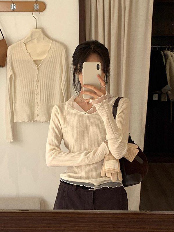 Korean Style White Mesh V-Neck Patchwork Long Sleeve Slim Top for Women - Autumn/Winter