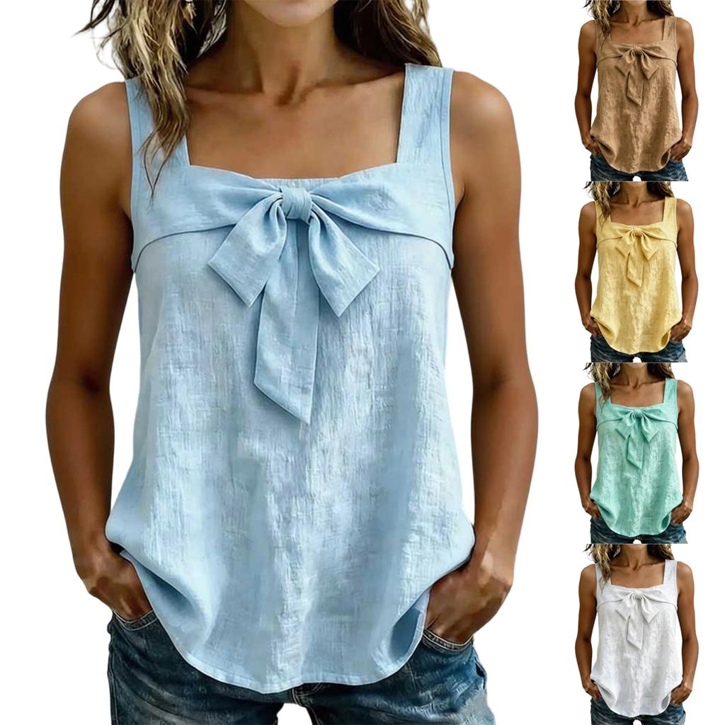 Women's Casual Sleeveless Tank Top Square Neckline Relaxed Fit Lightweight Fabric Summer Blouse with Front Tie Detail