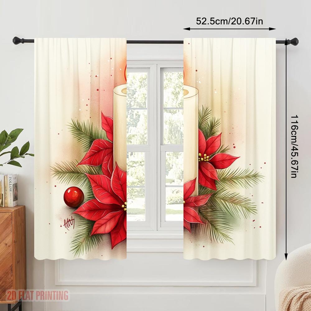 2pcs,2D Plane Printing Curtain Popular Christmas Candles Poinsettias Pinecones (2) 100% Polyester (without Rod) Home Decor Ldeal