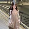 2026 Spring and Autumn Long Sleeve Cardigan Sunscreen Jacket Pink Sweet Lace Suspender Dress Cake Long Dress Two-piece Set
