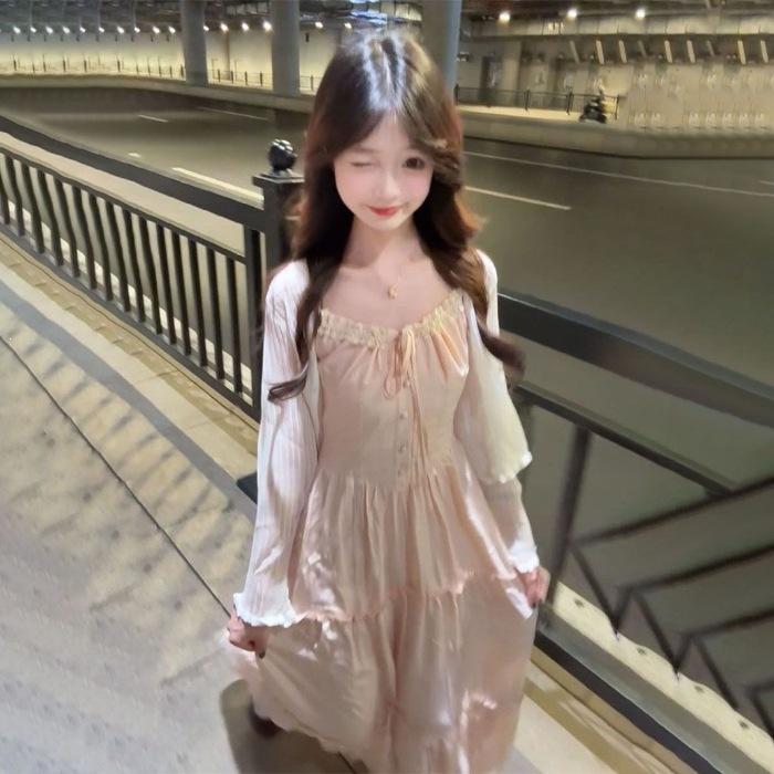 2026 Spring and Autumn Long Sleeve Cardigan Sunscreen Jacket Pink Sweet Lace Suspender Dress Cake Long Dress Two-piece Set