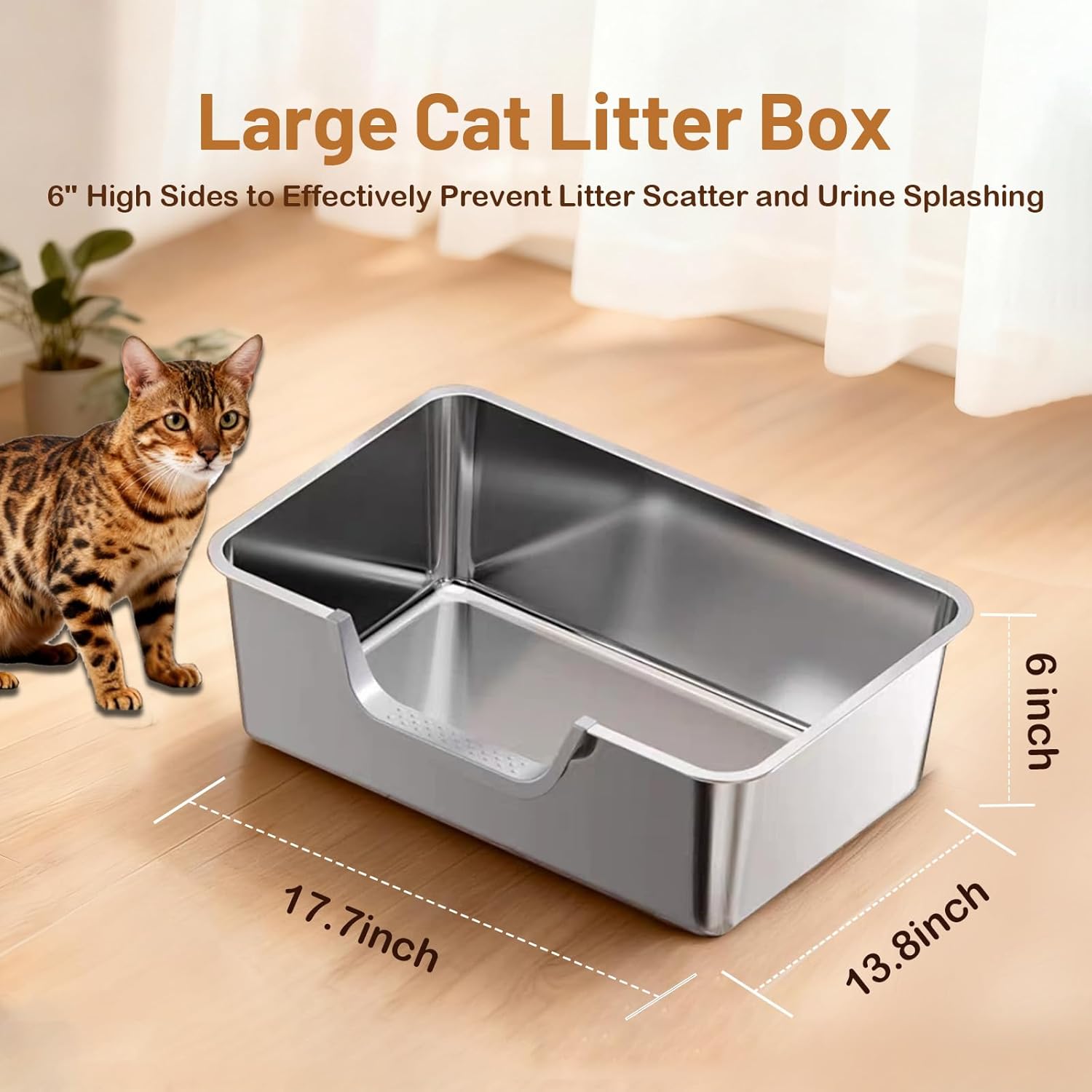

Stainless Steel Cat Litter Box, 6 High Sides, Low Entry, Easy Clean, Non-Stick, 17.7 x 13.8 , Gray Side 17 7 x 13 8 x 6