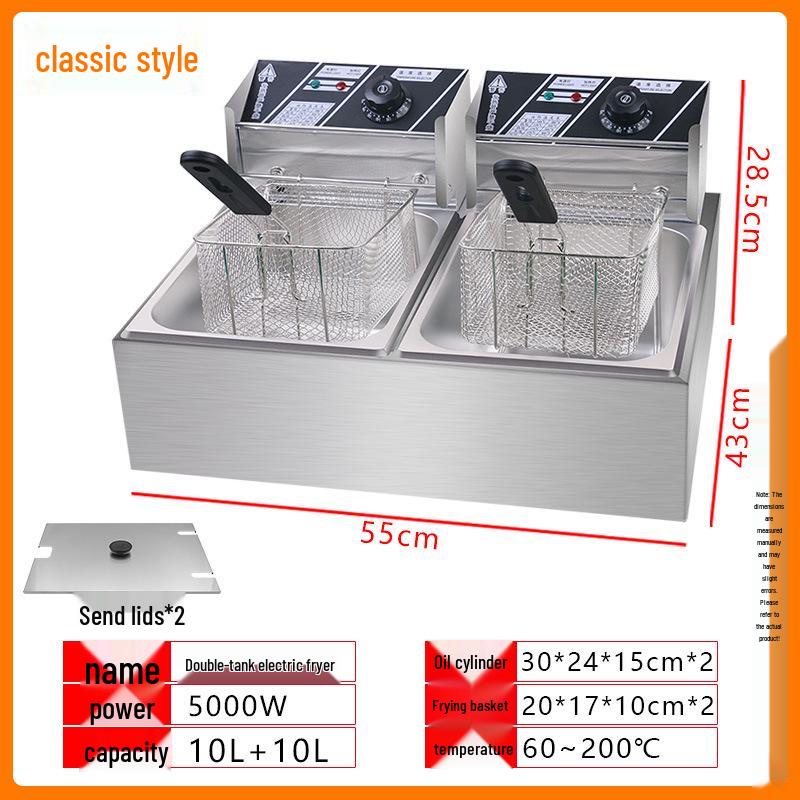 

Электрическая фритюрница из нержавеющей стали с двумя емкостями - Фритюрница с постоянной температурой для шашлычков, картофеля фри, уличной еды.