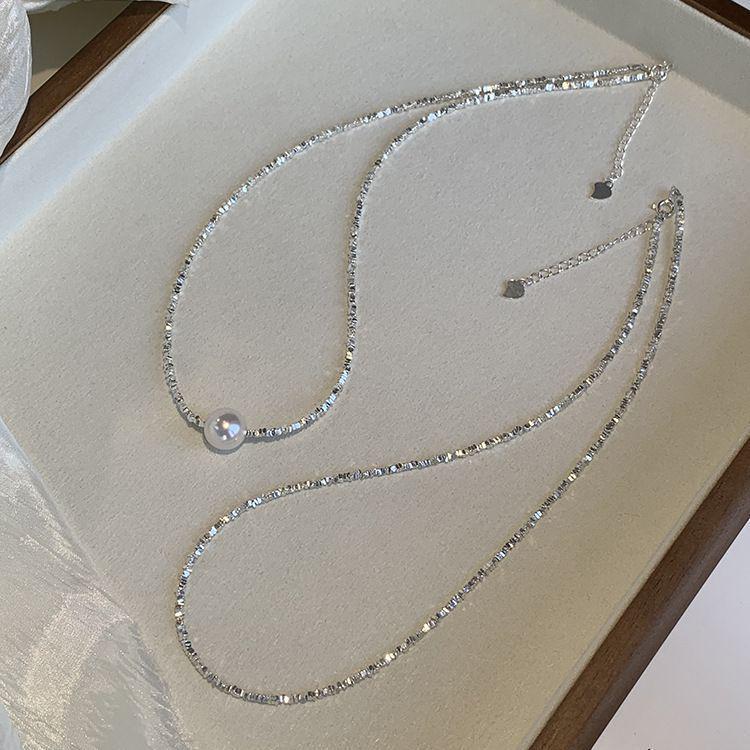 Elegant Silver Pearl Geometric Necklace - High-End Versatile Clavicle Chain for Women, New Style Glam with Fine Glitter