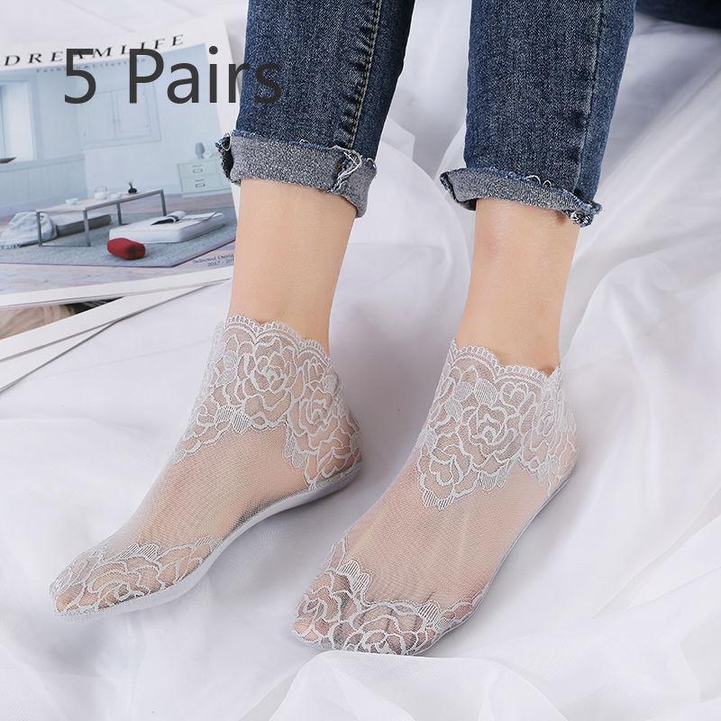 

5 пар летних кружевных носков, женские кружевные носки, сетчатые дышащие носки-лодочки, ультратонкие нескользящие низкие носки 5 Pairs серый