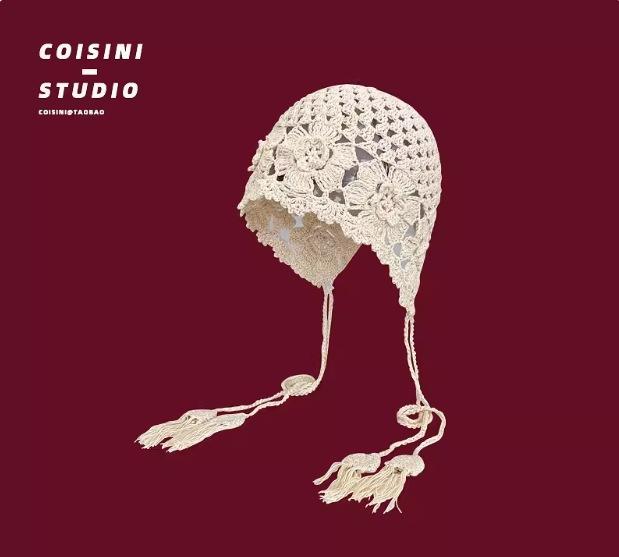 Fashion Handwoven Hollow Baotou Hat Women's Crochet Ethnic Style Tassel Ear Protector Strap Sleeve Knitted Hat