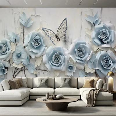 3D geprägte Tapete blaue Rose Blumen Schmetterling Wandbild Papier Schlafzimmer Wohnzimmer TV Hintergrund Wand Dekor Malerei