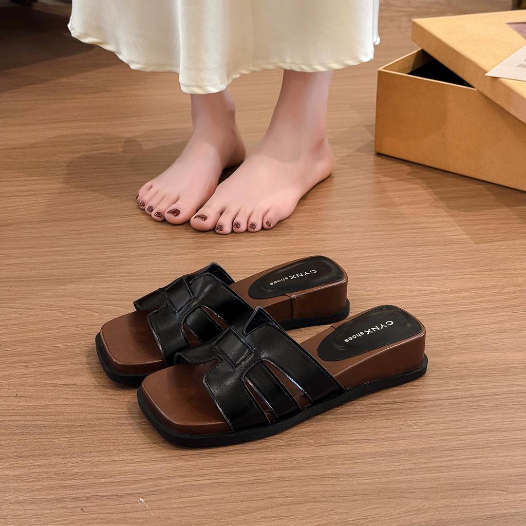 Black retro wedge heel heightening one-word slippers women's summer wear 2025 new soft-bottomed versatile non-slip cool slippers
