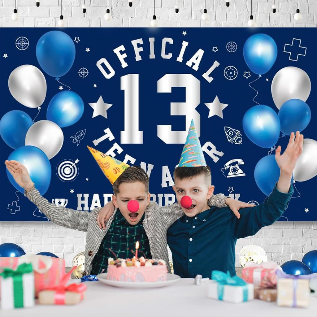 Happy 13th Birthday Decorations Large Official Teenager Backdrop Banner for Boys Girls Navy Blue White 13 Year Old Birthday Party Photo Props Decor